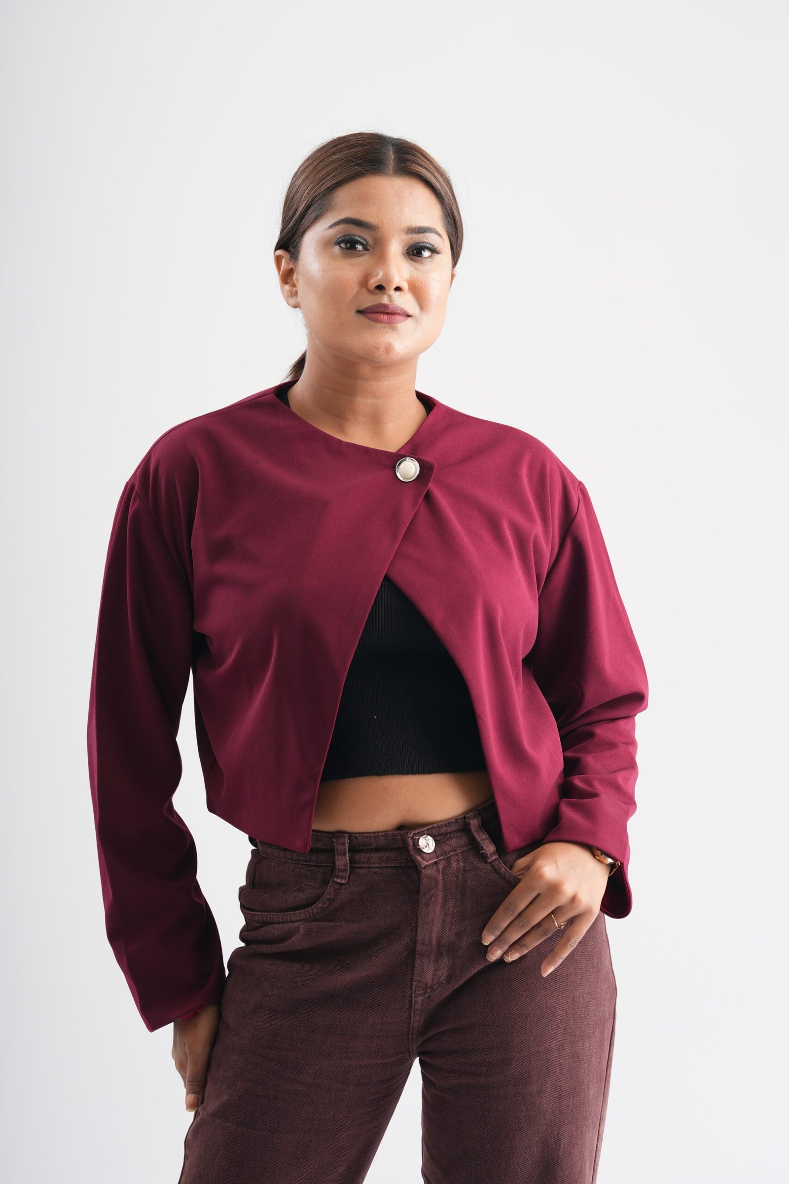 Crimson Solid Button Crop Shrug Overlay Jacket