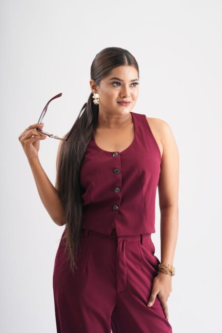 front side of Crimson Waist Coat Pant Co Ord Set