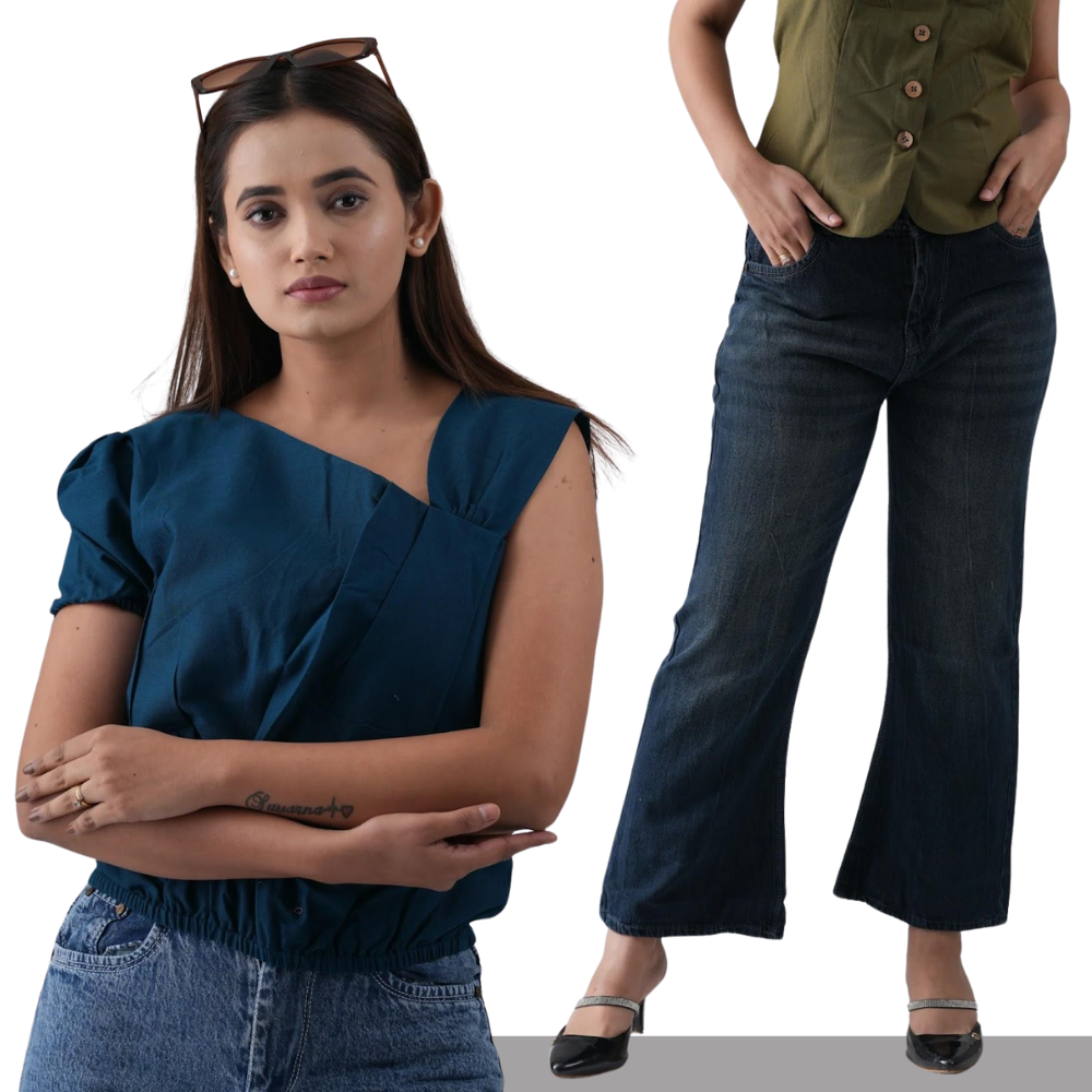 Royal Blue One-Shoulder Top with Boot Fit Dark Blue Women’s Jeans