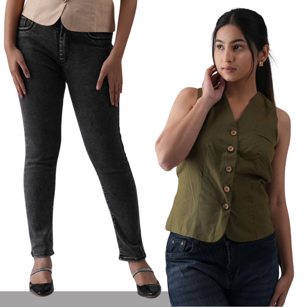 Mint Green Waistcoat & Skinny Black Jeans for Women